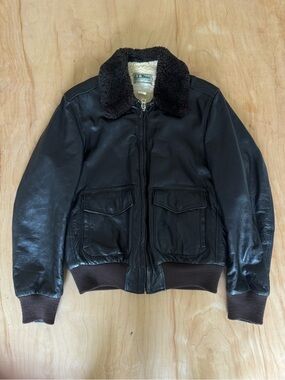L.L. Bean Vintage Brown Leather Bomber Jacket with Sherpa Collar